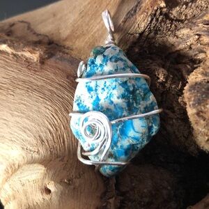 Hand Crafted Silver and Blue Wire Wrap Stone Pendant Necklace